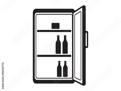 A black and white illustration of an open mini fridge with bottles inside