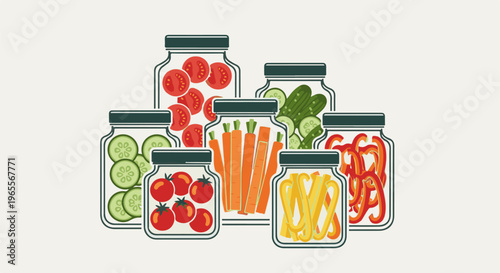 Assortment of fresh vegetables preserved in glass jars