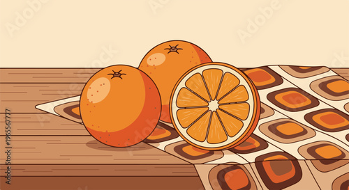 Retro-style illustration of oranges on a patterned cloth