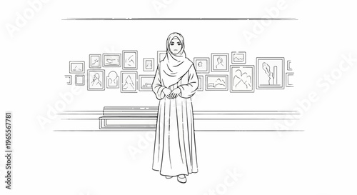 Artistic sketch of a woman in a hijab standing in front of framed art on a wall
