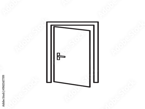 A simple line drawing of an open door with a handle