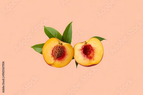 Fresh ripe organic peach with pit and leaves cut in half against bright peach pink background. Minimal fruit concept. Healthy juicy food trendy composition.