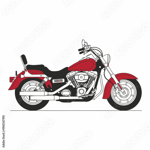 Red cruiser motorcycle on a white background, side view, classic design