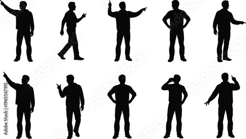 Silhouette vector illustration of men in different poses, standing, walking, pointing, talking, gesturing, business people outline design, black and white human artwork