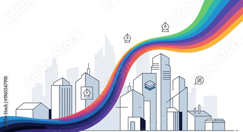 Modern Graphic Design Concept Illustration with Colorful Rainbow Ribbon Flowing Through Minimalist Cityscape and Creative Software Icons