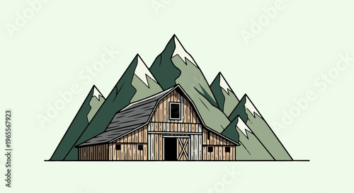 Rustic barn nestled against snow-capped mountains