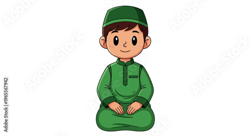 Cute Cartoon Muslim Boy Character Wearing Green Peci and Baju Koko Sitting in Prayer Position Isolated on White