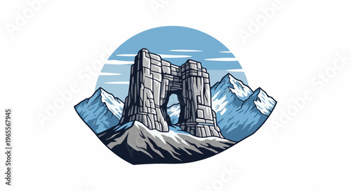 Rocky mountain archway amidst snow-capped peaks under a blue sky