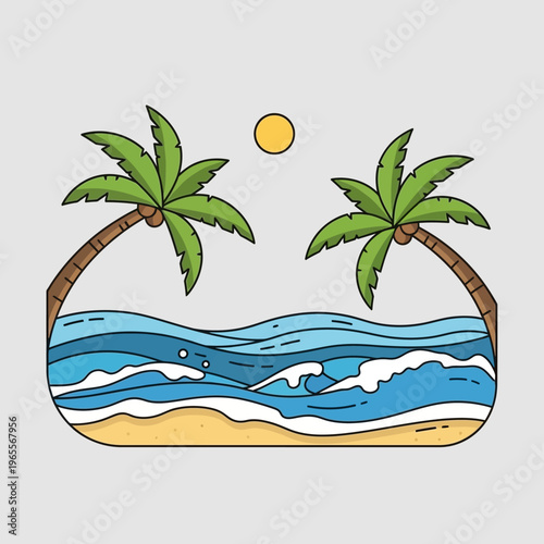 Tropical beach scene with palm trees, ocean waves, and sun