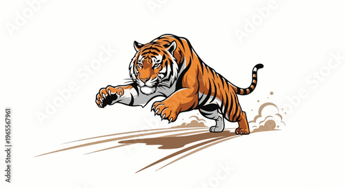 Fierce tiger in mid-leap, kicking up dust with dynamic motion