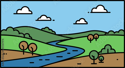 Flat Vector Landscape Illustration of Rolling Green Hills and Winding River with Clouds; Minimalist Countryside Nature Scene for Background and Web Design