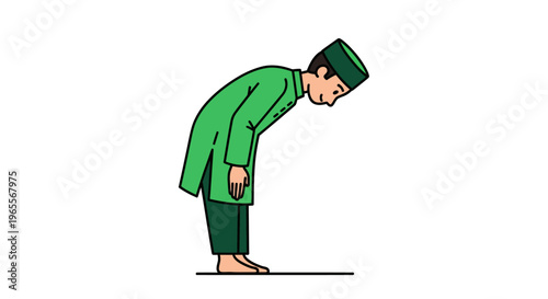 Muslim Man in Green Traditional Clothing Performing Ruku Prayer Position, Islamic Salat Worship Illustration, Cartoon Vector Character Isolated on White