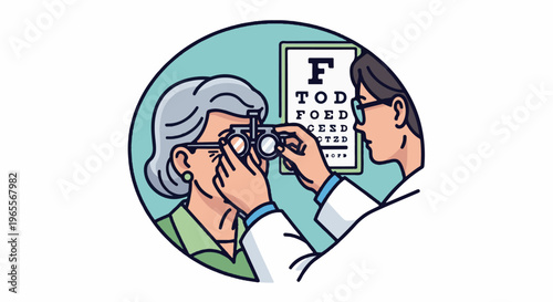 Eye exam in progress with patient and doctor at chart