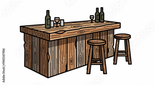 Rustic wooden bar with bottles and glasses, two stools at side