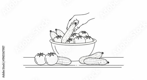 Hand selecting a cucumber from a bowl of tomatoes and cucumbers