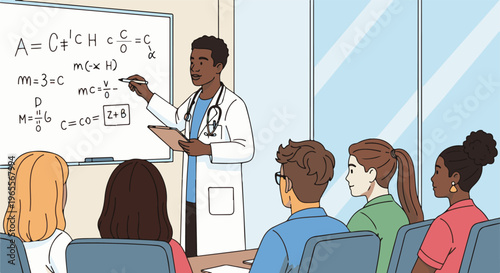 Doctor explains equations on whiteboard to attentive audience in classroom