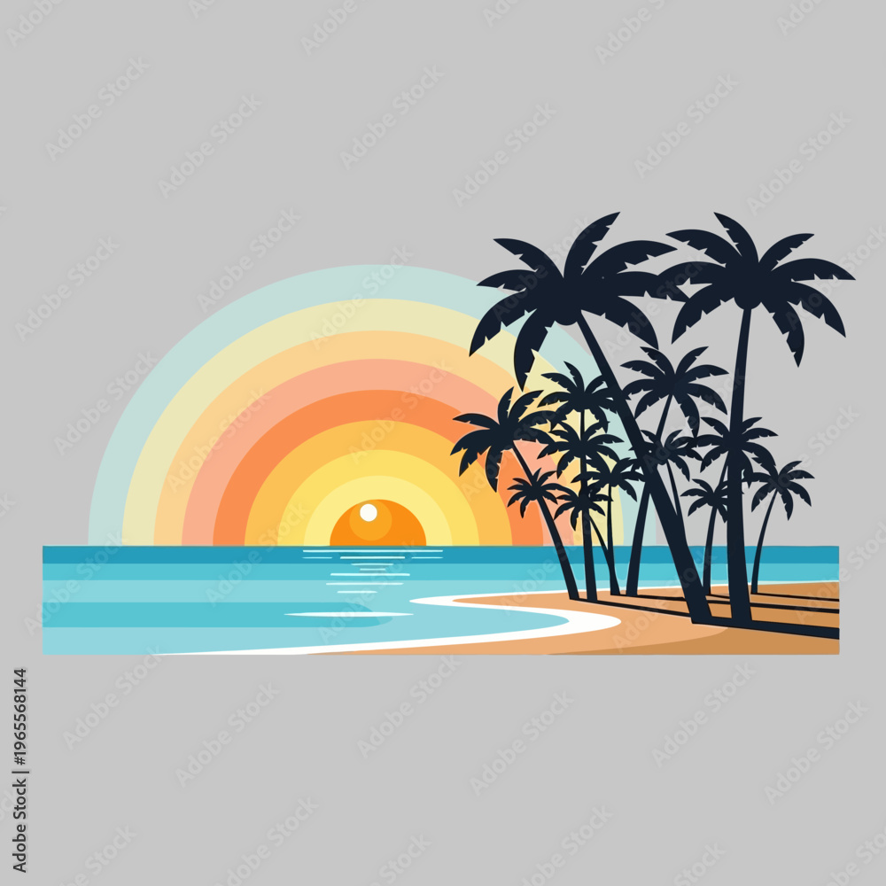 Obraz premium Tropical Beach Sunset with Palm Trees and Ocean Waves