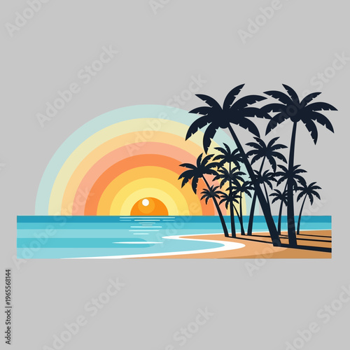 Tropical Beach Sunset with Palm Trees and Ocean Waves