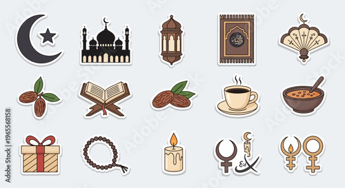 Ramadan and Eid Al-Fitr Islamic Sticker Icons Set Featuring Mosque, Lantern, Quran, Prayer Rug, Dates, and Traditional Symbols for Greeting Cards and Decorations
