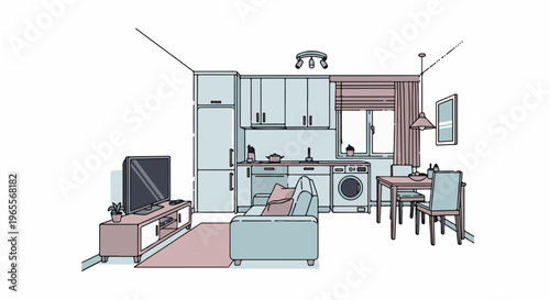 Compact apartment living space with kitchen, dining, and lounge areas