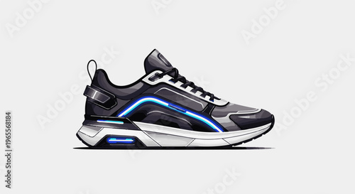 Sleek, futuristic athletic shoe with glowing blue accents on a white background