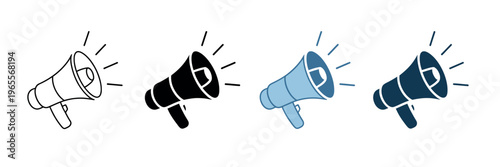 Megaphone icon set featuring four styles and colors, including outline, solid black, bright blue, and dark blue, isolated vector illustrations for communication and announcement