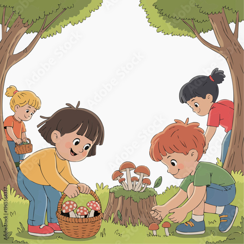 Children gathering mushrooms in a forest clearing with baskets and curious expressions creating a cheerful outdoor learning scene about nature exploration teamwork and seasonal discovery