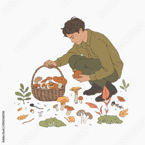Minimal hand drawn illustration of a person gathering wild mushrooms in a forest clearing with basket boots and autumn foliage evoking slow living foraging culture and nature exploration