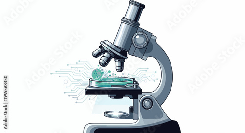 Microscope analyzes a cell on a petri dish with digital circuit lines