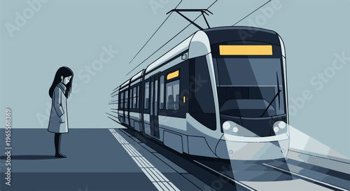 Solitary figure awaits modern tram on a cool, grey day