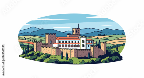 Medieval fortress atop rolling hills under a vast blue sky