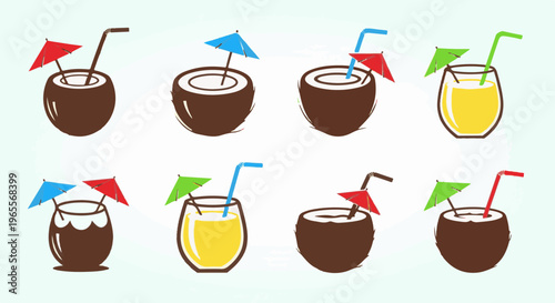 Collection of eight tropical drinks in coconuts and glasses with umbrellas