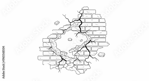 Cracks splinter a brick wall, with fragments breaking away