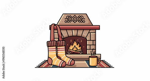 Cozy fireplace scene with warm socks and a steaming mug