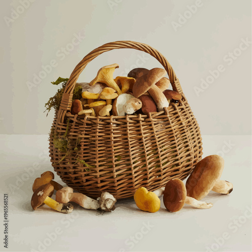 Wicker basket filled with assorted wild mushrooms on a neutral background with fresh porcini chanterelles and forest harvest produce for seasonal cooking rustic still life and foraging themes