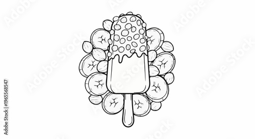 Hand-drawn outline of a banana-flavored popsicle surrounded by banana slices and whole bananas