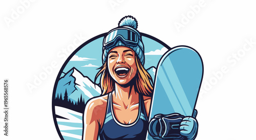 Cheerful female snowboarder in goggles and hat holding board against snowy peaks