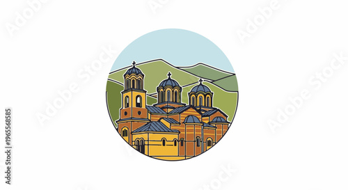 Colorful illustration of domed religious buildings amidst rolling green hills