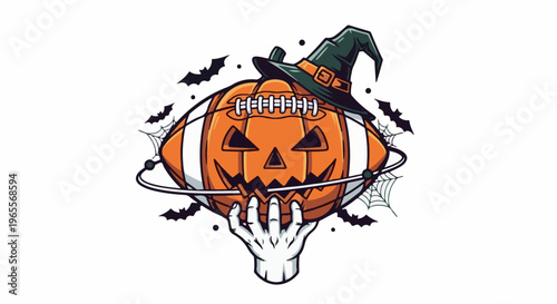 Spooky football pumpkin with witch hat, bats, and web