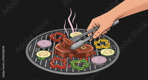 Hand using tongs to flip steaks and vegetables on a hot grill