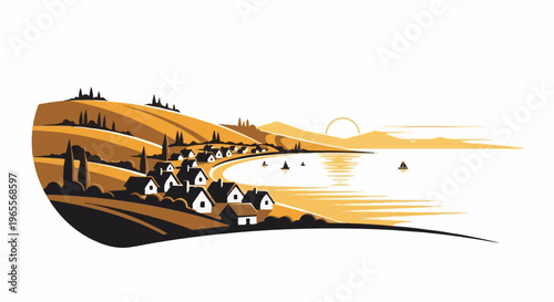 Stylized coastal village with rolling hills and boats on a calm sea