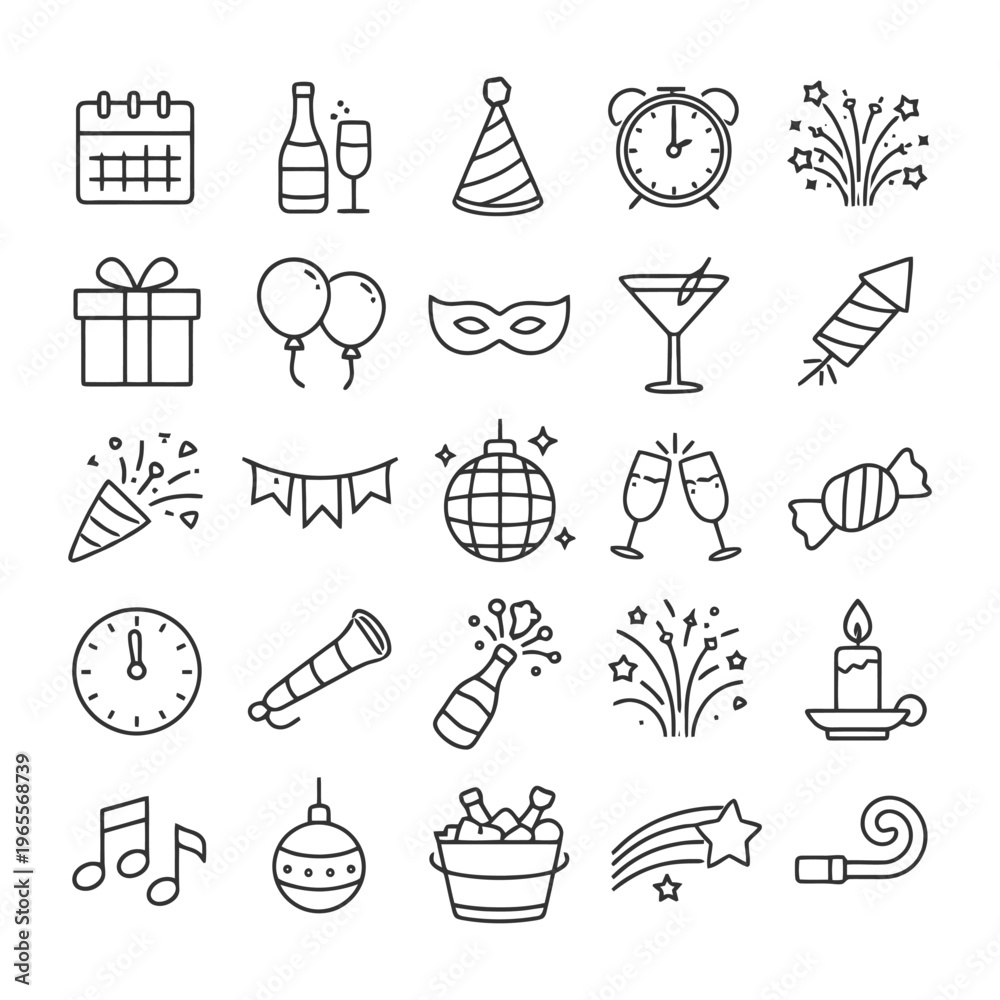 Fototapeta premium New year celebration icons collection: party, fireworks, countdown, gifts, mask, balloons.