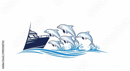 Stylized illustration of a boat and leaping dolphins in the ocean