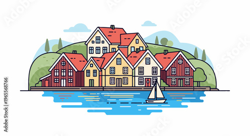 Colorful waterfront village with traditional houses and a sailboat on blue water