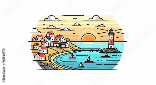 Coastal village with lighthouse, sailboats, and sunset over ocean