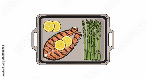 Grilled salmon and asparagus on a tray with lemon slices