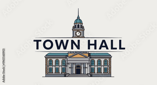 Stylized illustration of a classical town hall building with a clock tower