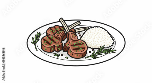 Grilled lamb chops with rice and herbs on a plate