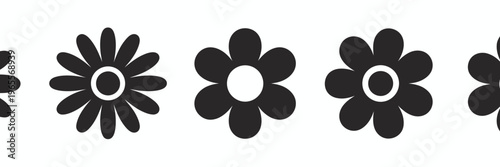 Simple black and white of five different flower shapes with varying petal counts