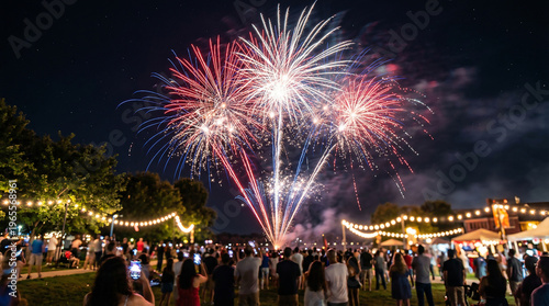 Tableau sur toile Spectacular patriotic red, white, and blue fireworks display over a summer festival crowd